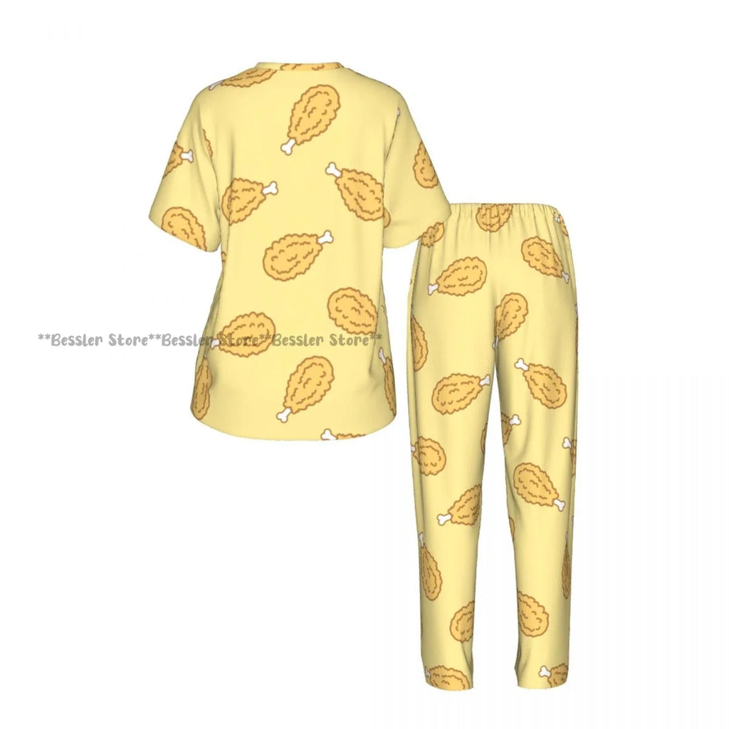 Women Pajama Sets Lounge Sleepwear Crispy Fried Chicken Pattern Short Sleeve Nightwear