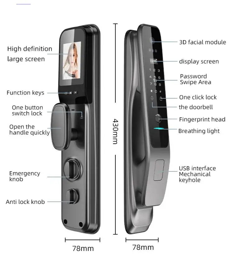 Tuya Fully Automatic Smart Door Lock with 3D Face & Fingerprint Recognition Security for Aluminum & Wood Doors Wifi Connected