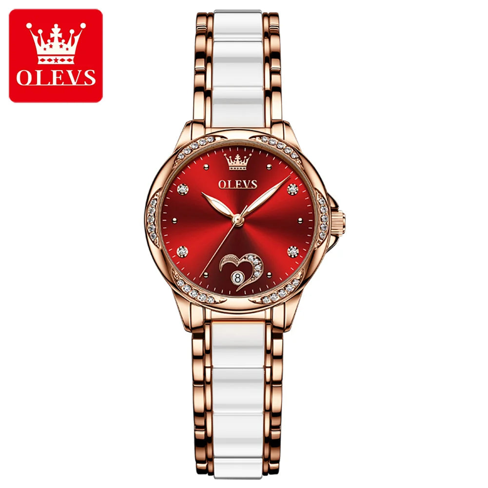 OLEVS Elegant Fashion Women's Watches Ceramic Strap Original Brand Automatic Mechanical Wristwatch for Lady Waterproof Date Love