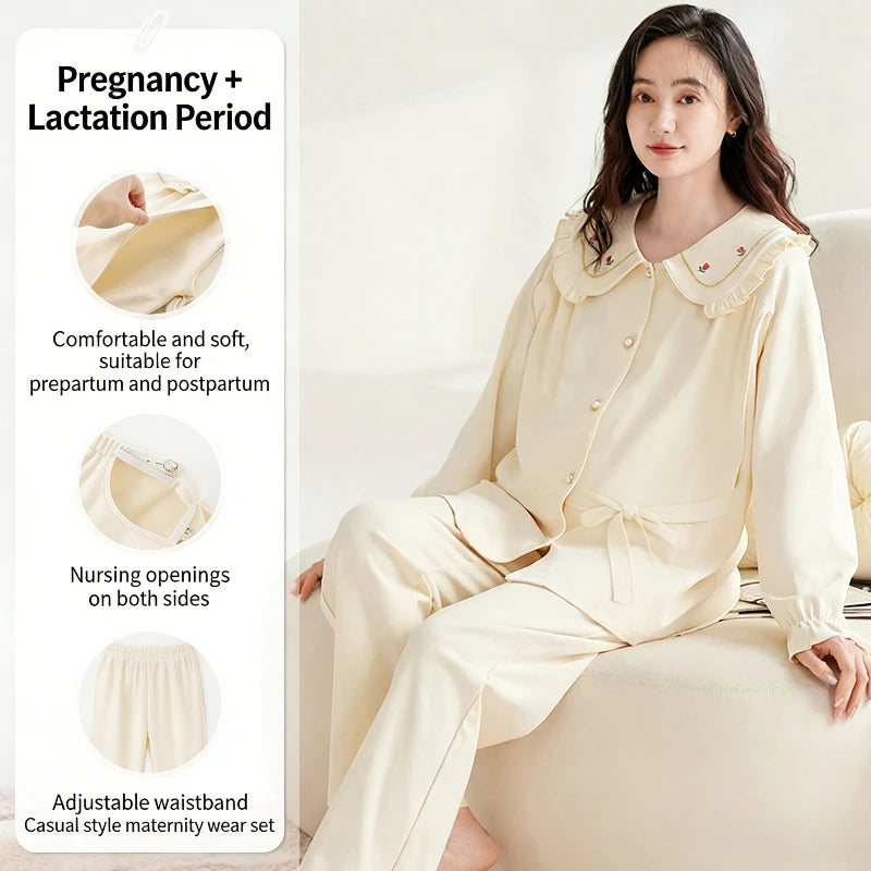 Maternity Women Pajamas Set Pregnant Pure Cotton Breastfeeding Loungewear Sweet Long Sleeve Trousers Cardigan 2 Piece Set Pjs