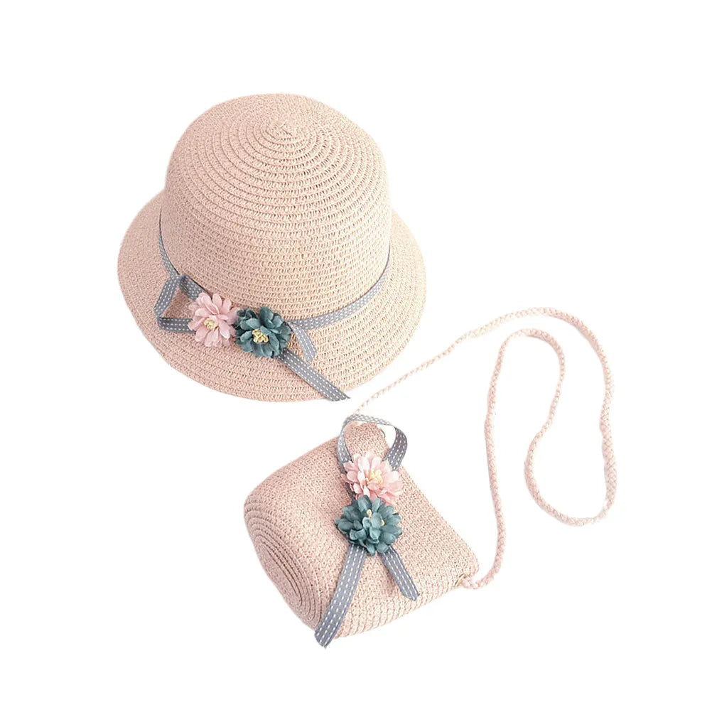 1 set 1 Wide Brim Sun Hat With Crossbody Bag Pink Beach Set For Girls Kids Cap Beach Straw Kids Straw Cap Bag Set