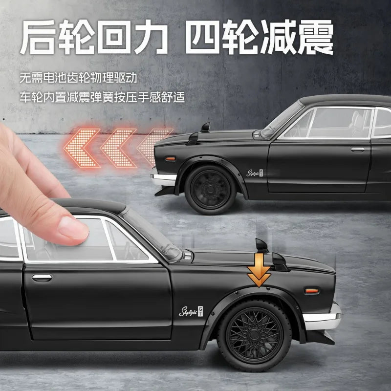 1:22 Nissan Skyline GT-R Hakosuka Diecast Alloy Model 4 Openable Parts Sound Light Pull Back for Car Collectors Hobby Display