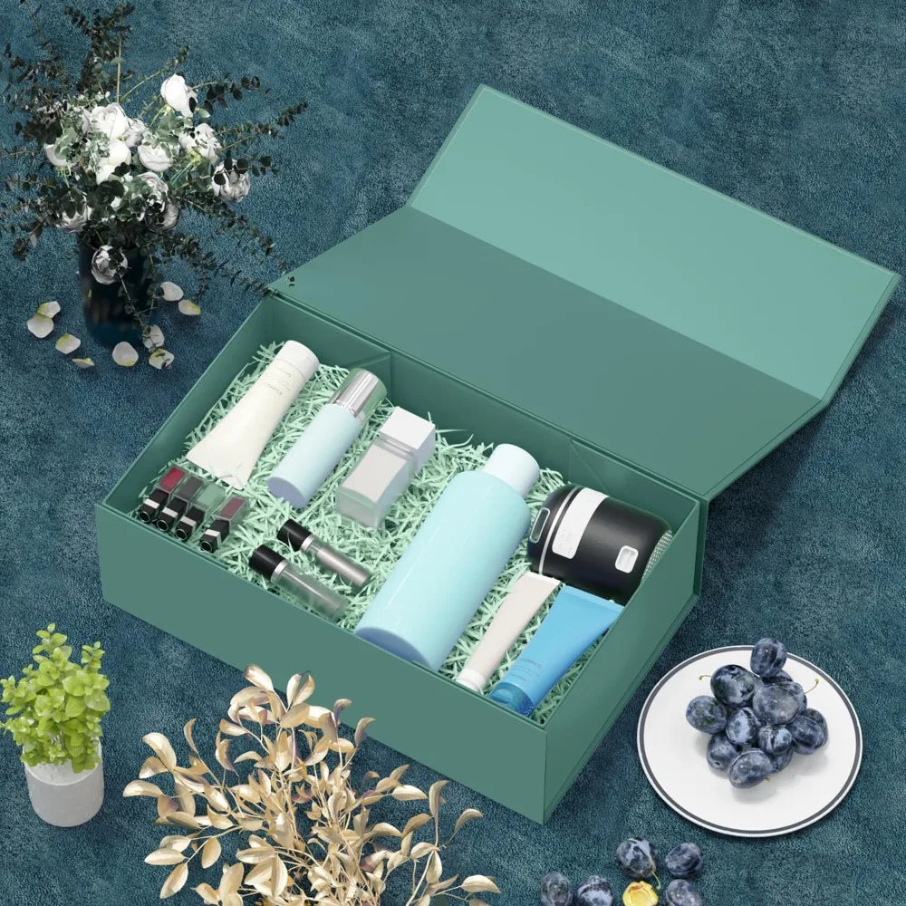 Green Gift Box with Magnetic Closure Collapsible Rectangle Present Box for Bridesmaid Proposal Wedding Christmas Halloween Birthday Gift Packaging 9.5x6x3 Inches