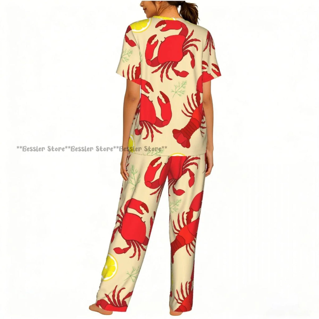 Women's 2-piece set Lobster And Crab With Lemon And Dill Pajamas Short sleeved Top and Pants Sleepwear