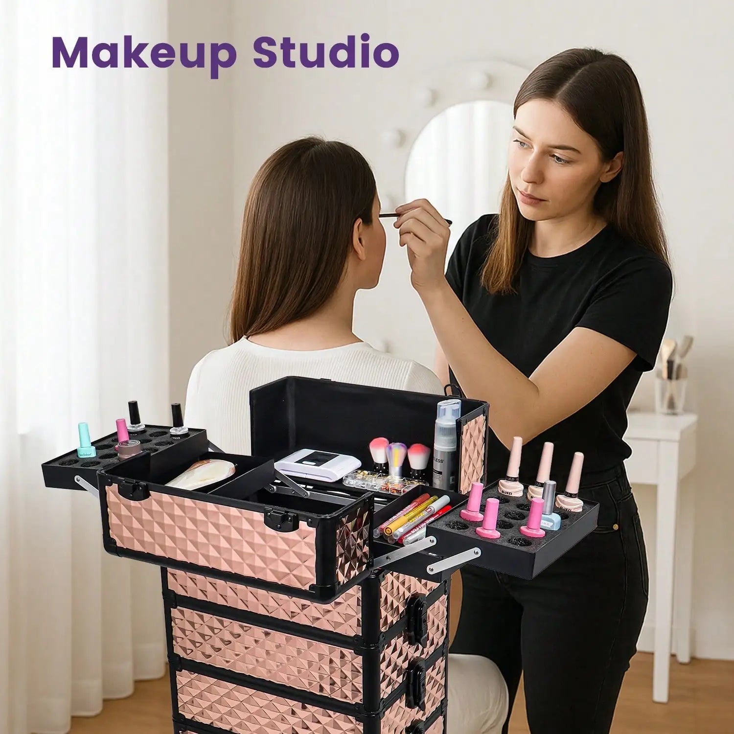 Rolling Makeup Train Case 4 in 1 Cosmetology Case on Wheels, Large Storage Cosmetic Trolley with Key Lock, Professional Makeup Travel Organizer for Salon Barber Nail Tech, Black