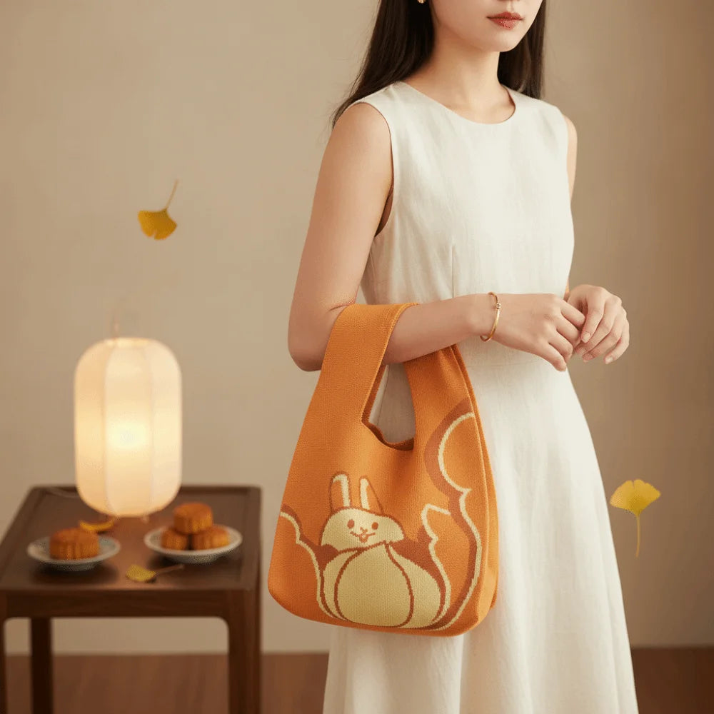 Knit Fabric Knit Wrist Bag Double Sided Thick Woven Rabbit Gift Pouch Flower Pendant Cute Cartoon Flower Charm Handbag