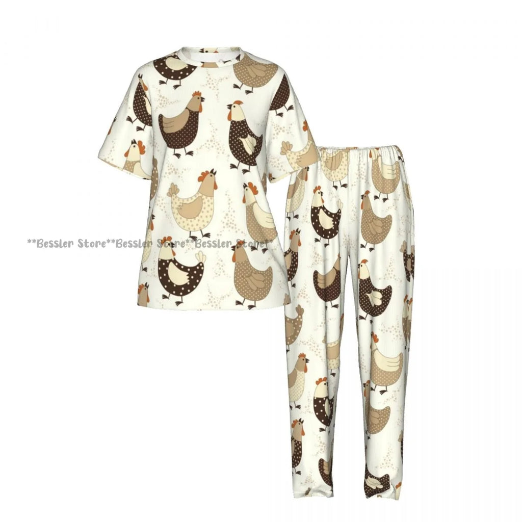 Women's 2-piece set Cartoon Chicken Pattern Pajamas Short sleeved Top and Pants Sleepwear