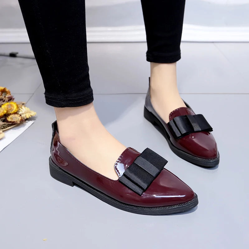 Black/ Wine Red Patent Leather Pointed Toe Flats, Bow Knot Slip-On Loafers, Versatile Dress Shoes for Daily & Business Wea