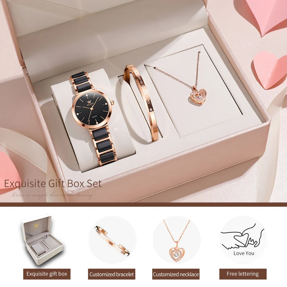 OLEVS Women Watch 5877 Luxury Elegant Quartz Watch Waterproof Luminous Ceramic Strap Ladies Watch Bracelet Set Gift Box Reloj