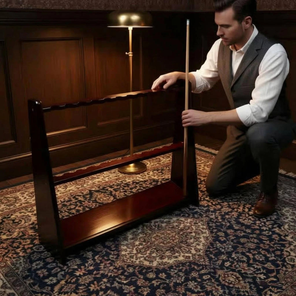 Floor-Standing Cue Rack Freestanding Wood Cue Rack Pool Stick Holder Rounded Corners Game Room Storage Trapezoid Profile