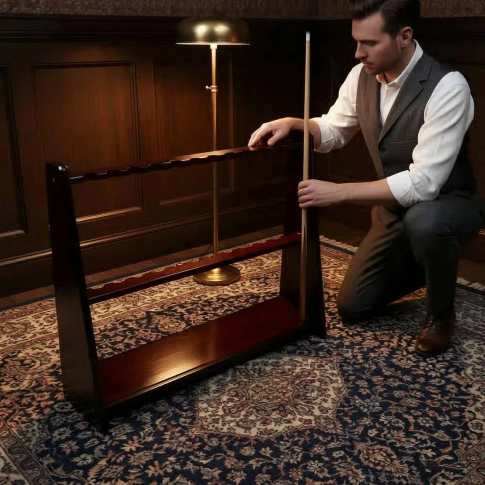 Floor-Standing Cue Rack Freestanding Wood Cue Rack Pool Stick Holder Rounded Corners Game Room Storage Trapezoid Profile