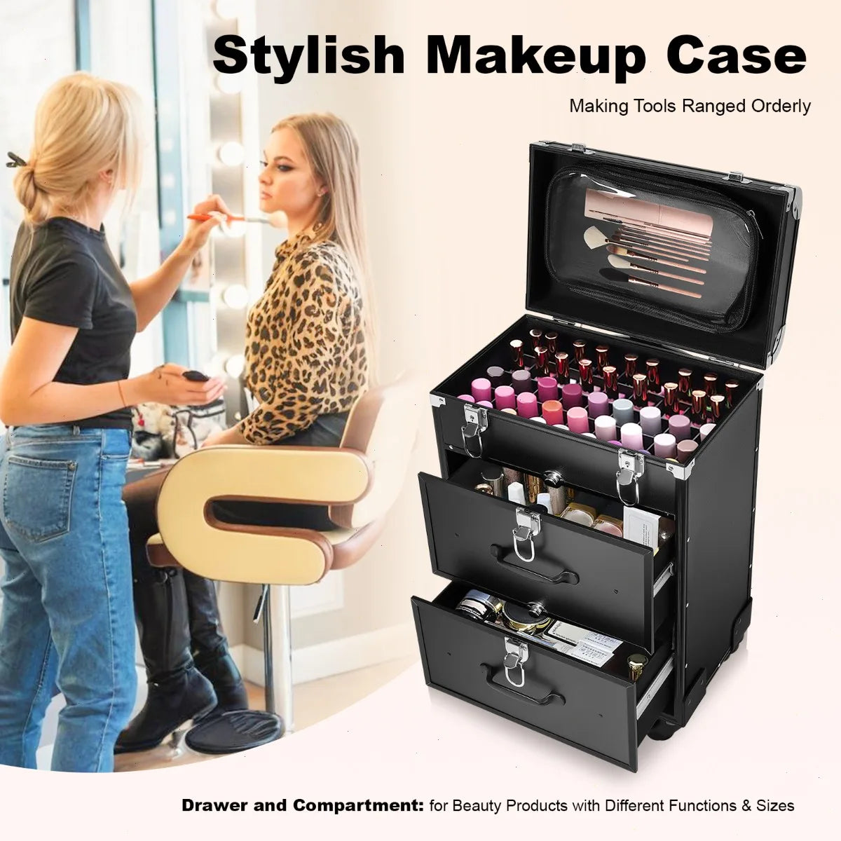 Professional Makeup Train Case, Cosmetic Case for Makeup Artist Nail Salon, Large Capacity Aluminum Alloy Frame with Wheels
