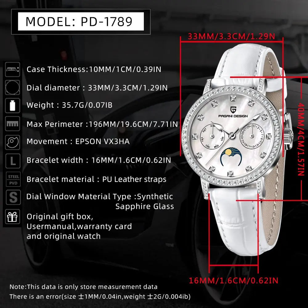 PAGANI DESIGN Women Quartz Watch Mop Dial Diamond Bezel Moon Phase Week Date Multi-function 50M Waterproof White Leather watch