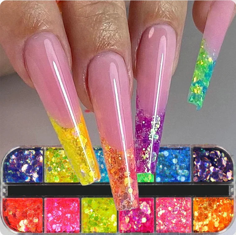12 Grids Fluorescent Glitter Nail Art Sequins Sparkly Irregular Nail Flakes Powder Nail Art Mermaid Makeup Manicure Decorations