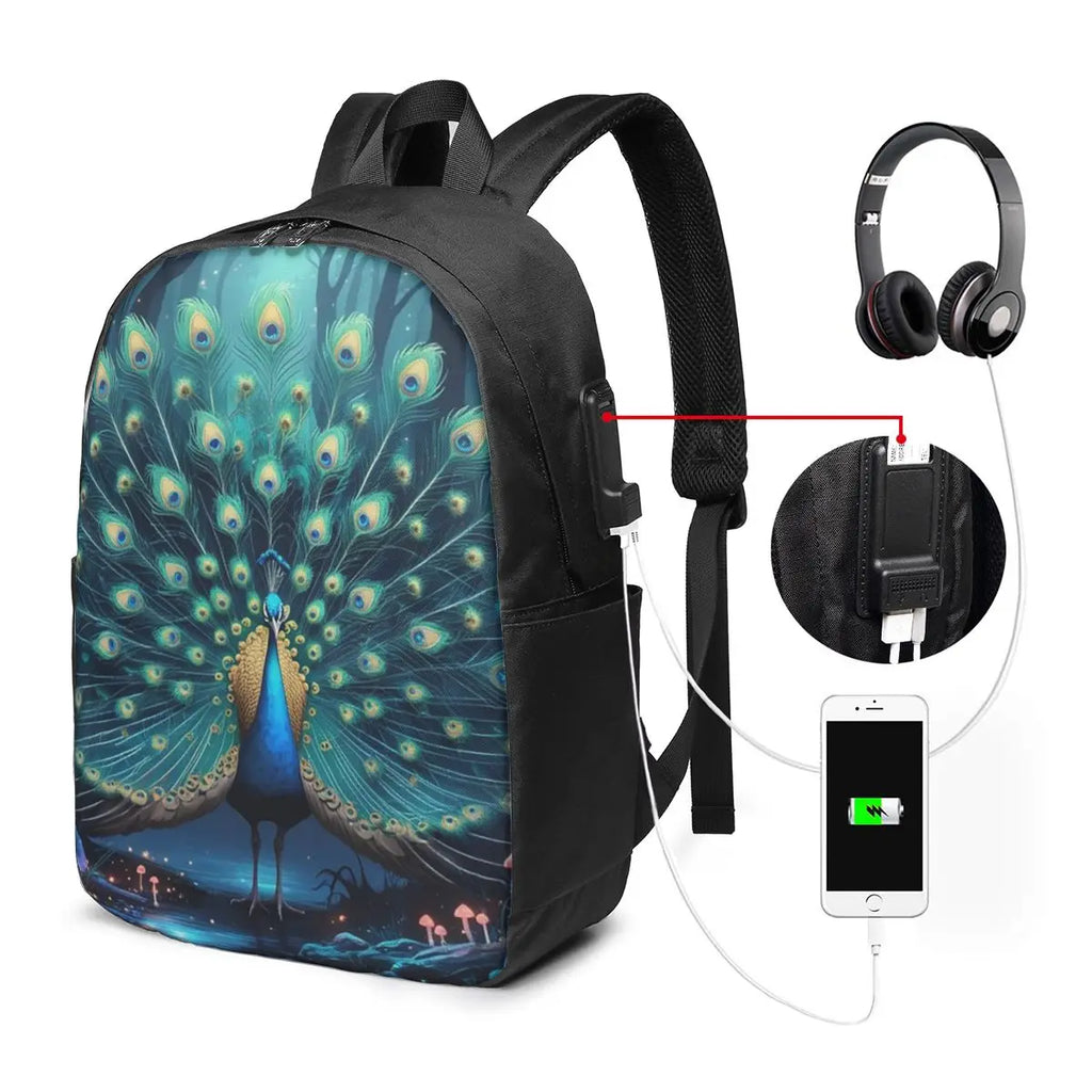 Peacock Feathers On A Black Background Backpack Travel Notebook Bag Computer College Student School Bag Laptop Shoulder Bags