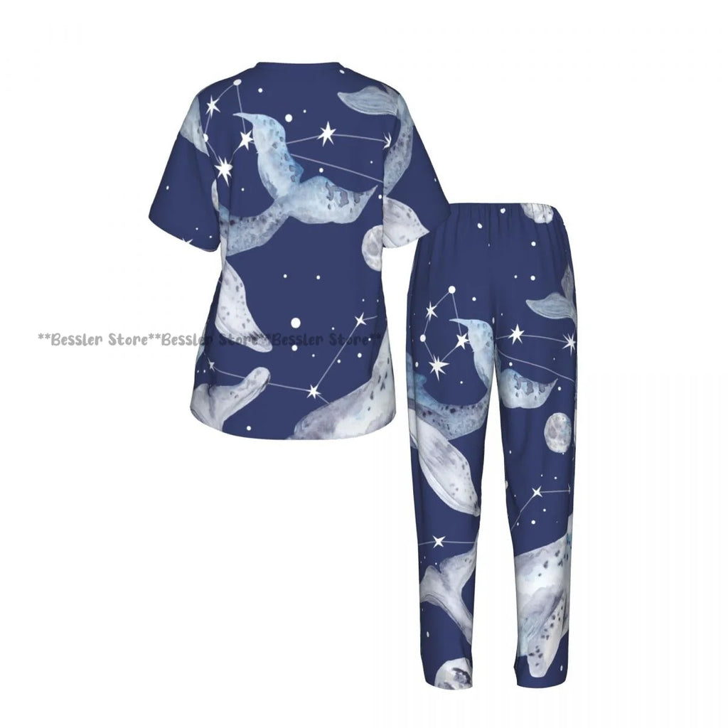 Women's Whales And Constellation Stars Watercolor short sleeve trousers casual pajamas set
