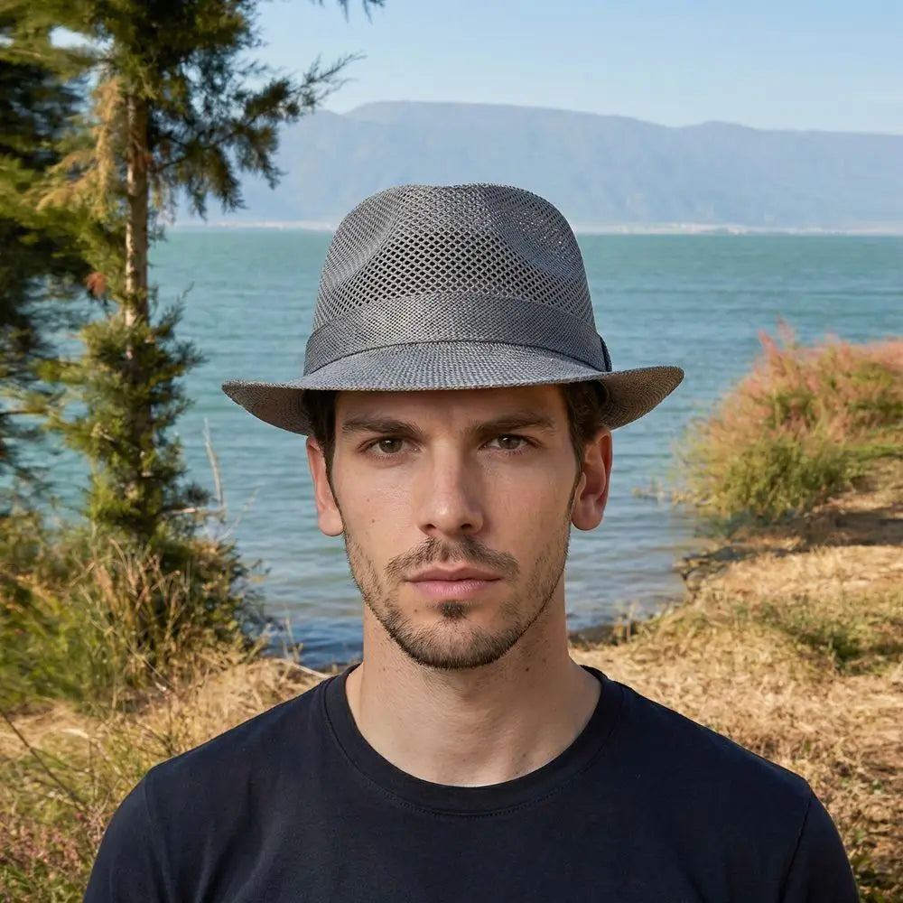 Breathable Mesh Top Hat Lightweight Rolled Brim Hollow Sun Hat Solid Color Sun Protection Beach Jazz Cap Outdoor Activities