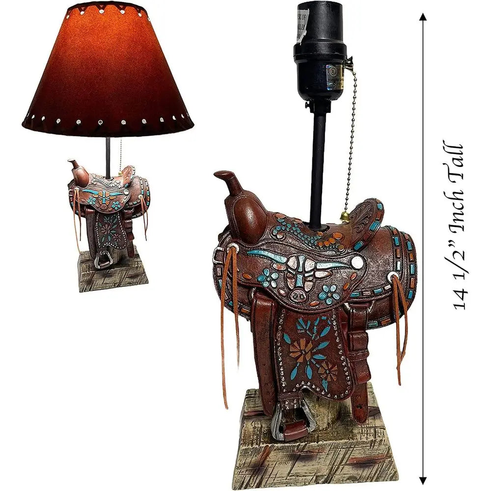 Western Brown and Teal Longhorn Cowboy-Style Home Decor Table Lamp for Living Room, Nightstands, and Bedrooms