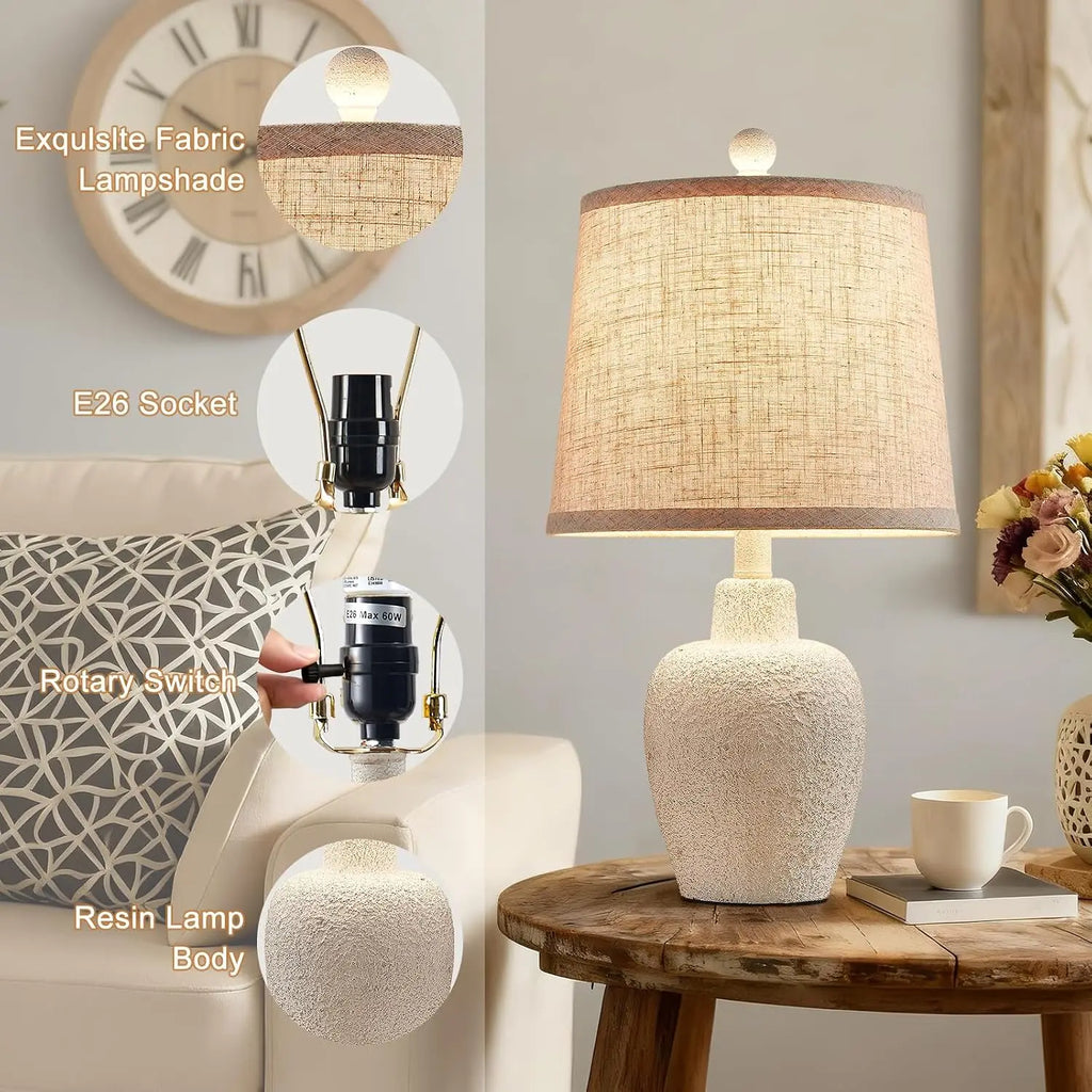 Set of 2 Farmhouse Table Lamps, 21" Rustic Jar-Shaped Bedside Lamps with Beige Linen Shade for Living Room, Bedroom, Nightstand