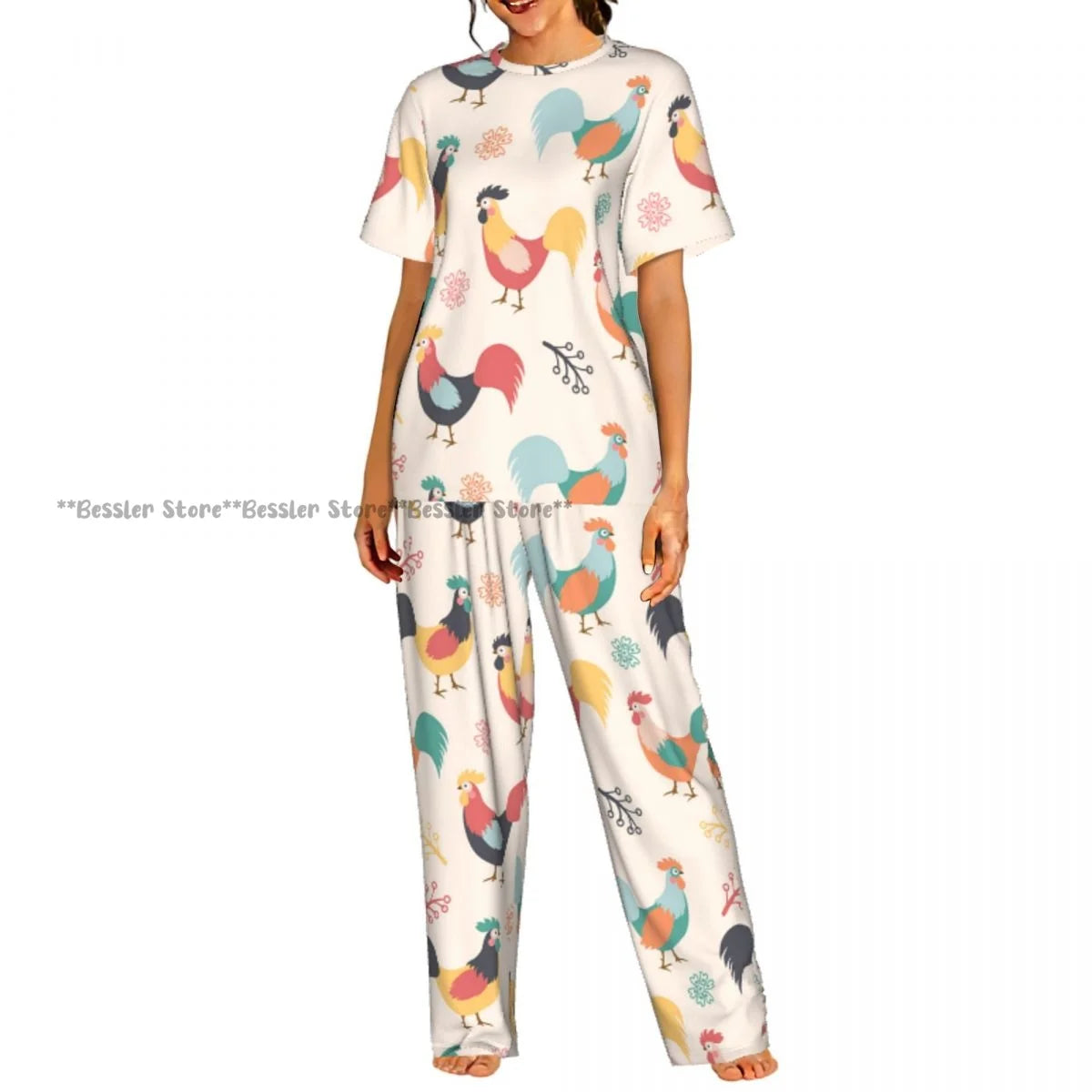 Women Pajama Sets Lounge Sleepwear Crispy Fried Chicken Pattern Short Sleeve Nightwear