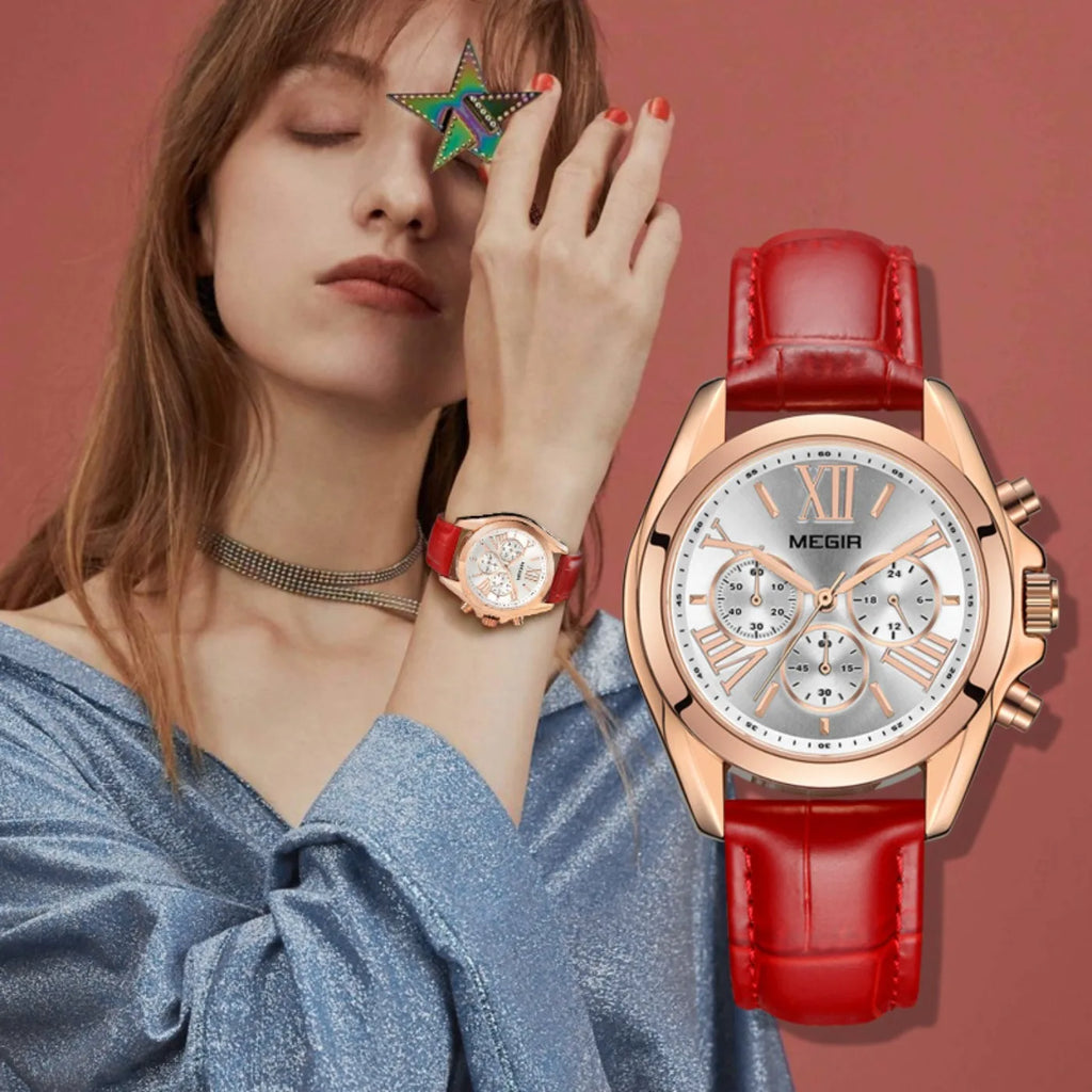 MEGIR New Luxury Leather Watch Women Female Top Brand Chronograph Quartz Wristwatch Lady Relogios Femininos Clock 2114 White