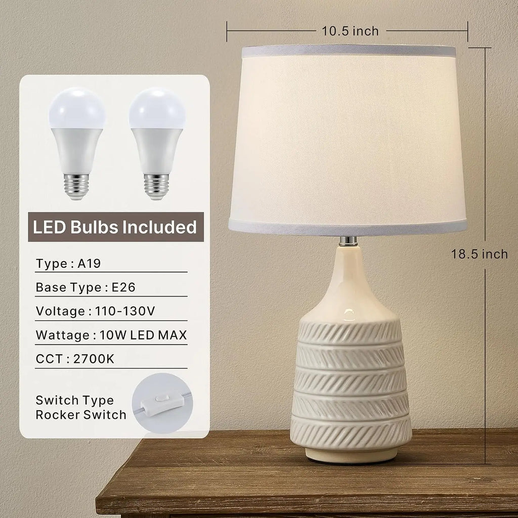 Set of 2 White Ceramic Table Lamps, 18.5" Modern Bedside Lamps for Night Stands, Farmhouse Decor with LED Bulbs