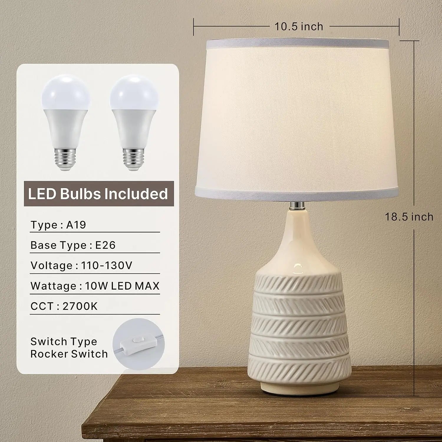 Set of 2 White Ceramic Table Lamps, 18.5" Modern Bedside Lamps for Night Stands, Farmhouse Decor with LED Bulbs