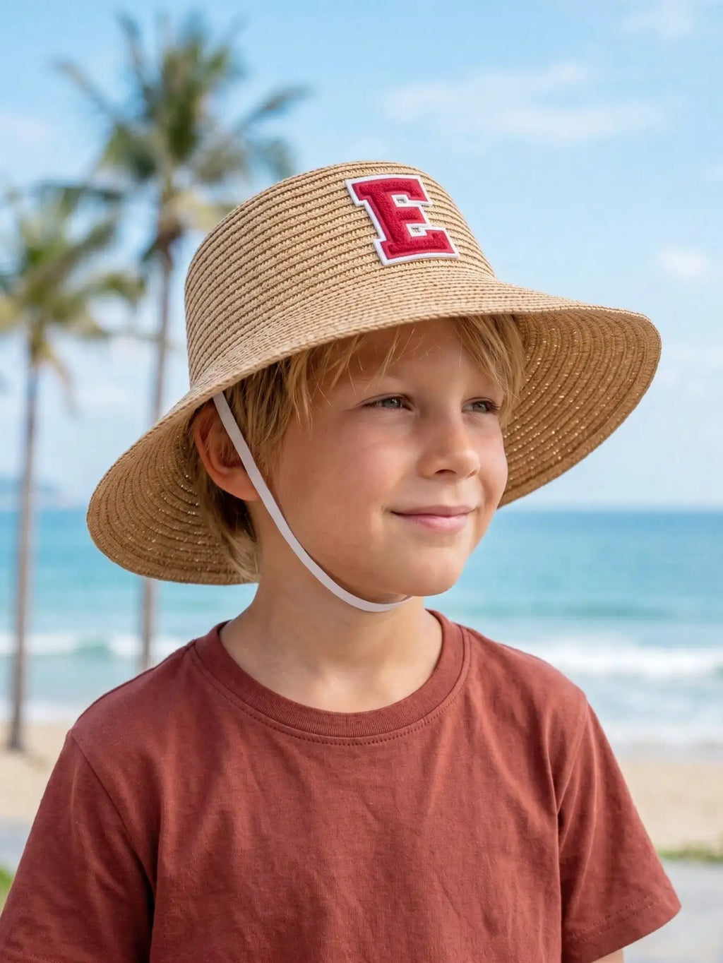 1Pc 3-8Y Boys Coffee Bow Straw Hat Woven Sun Hat Breathable Outdoor Beach Summer Shade Cap for Kids Daily Play Travel