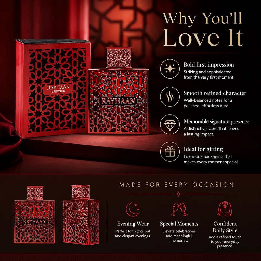 Rayhaan Crimson Red Hollow Carved Geometric Metal Bottle Men Perfume Luxury Arabian Oriental Eau De Toilette Long Lasting Fragrance Mens Cologne Gift Set For Male