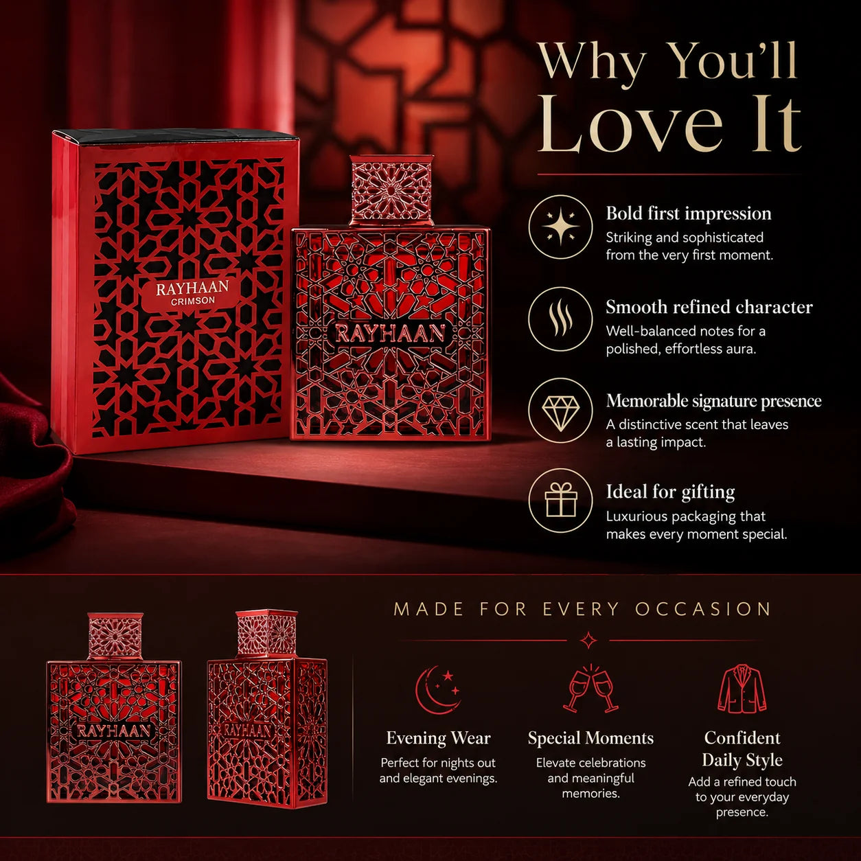Rayhaan Crimson Red Hollow Carved Geometric Metal Bottle Men Perfume Luxury Arabian Oriental Eau De Toilette Long Lasting Fragrance Mens Cologne Gift Set For Male