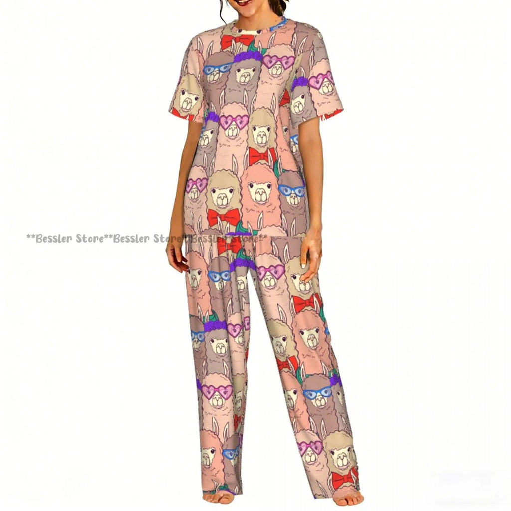Women Pajama Sets Lounge Sleepwear Fun Llamas Cacti Mountains Garlands Short Sleeve Nightwear