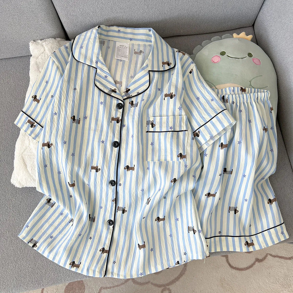 Women's Summer Pajamas, Thin Striped Puppy Pattern Short-Sleeved Shorts, Sweet and Cute, Can Be Worn Outside in Summer Home Wear
