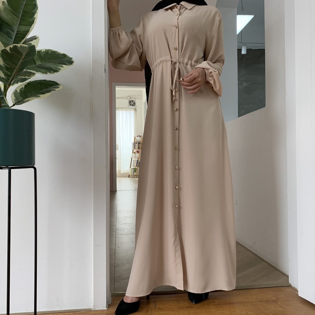 2025 New Fashion Muslim Lapel Cardigan Full Button Slim Drawstring Dress 6289