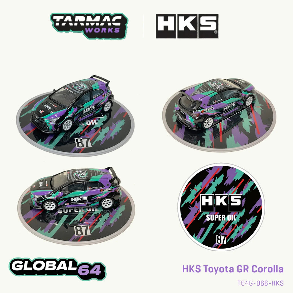 Tarmac Works T64G-066-HKS 1:64 Toyota GR Corolla HKS Co-Branded Purple Green Graphic Livery JDM Diecast Model Car In Stock