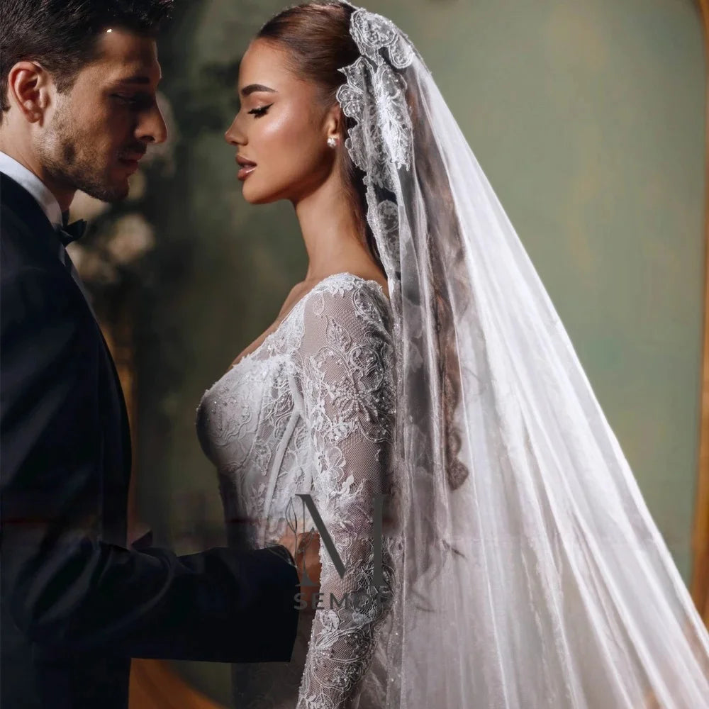 Semor Customized Mermaid Lace Wedding Dresses Illusion Long Sleeves Pearls Beaded Bridal Dress with Court Train Saudi Arabia