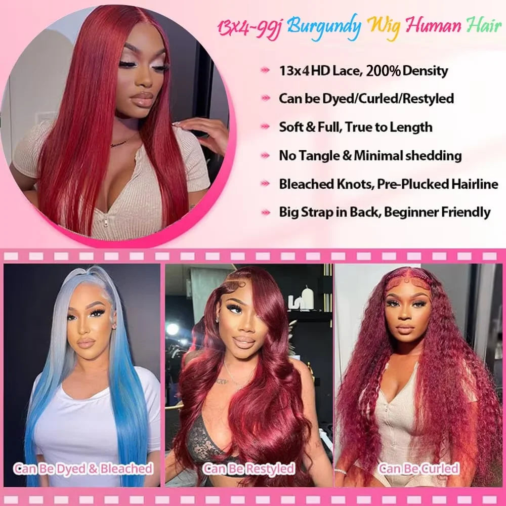 99J Burgundy Colored Human Hair 13x6 Transparent HD Lace Front Wig 40 42 Inches Brazilian Remy Hair Pre Plucked 13x4 Lace Frontal Wig For Women