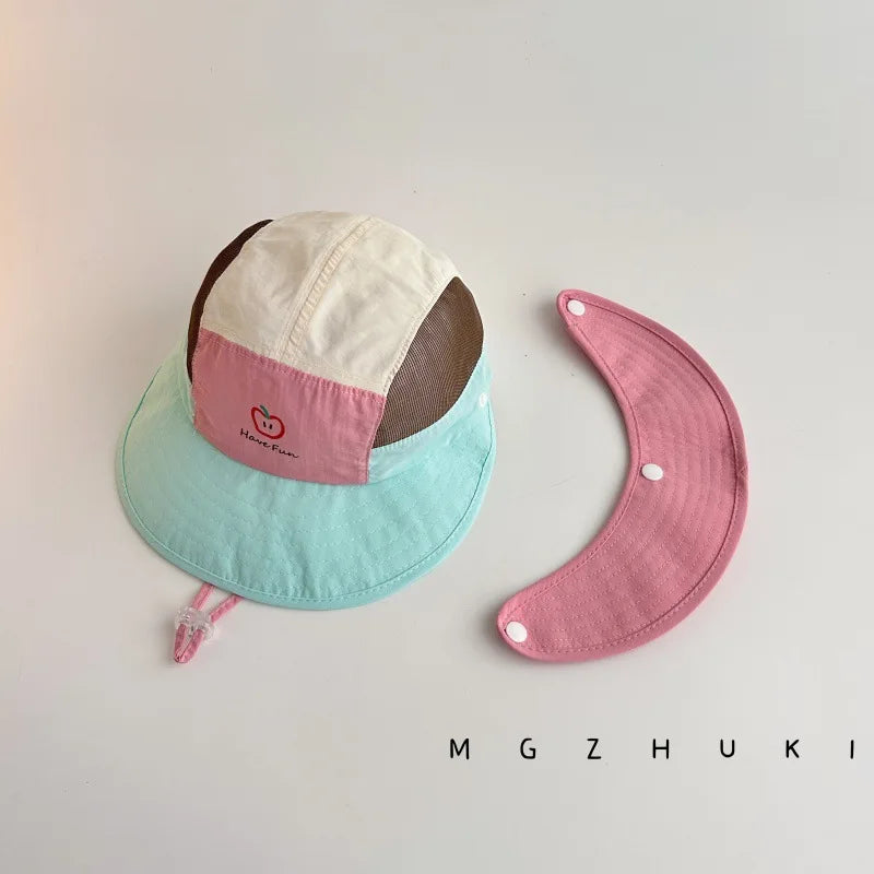Summer Kids Thin Bucket Hat Quick-Dry UV Protection Sun Hat 1-5Y Boys Girls Cartoon Macaron Color Block Double Brim Outd