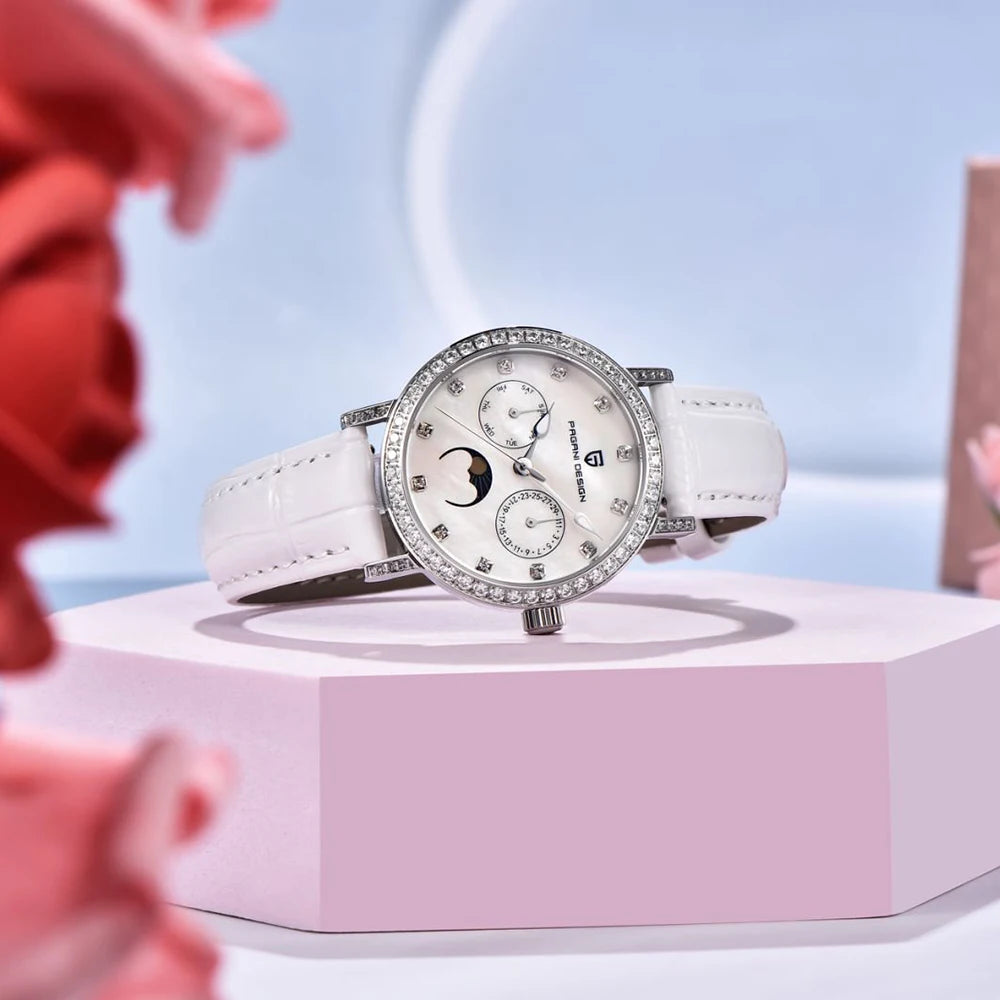 PAGANI DESIGN Women Quartz Watch Mop Dial Diamond Bezel Moon Phase Week Date Multi-function 50M Waterproof White Leather watch