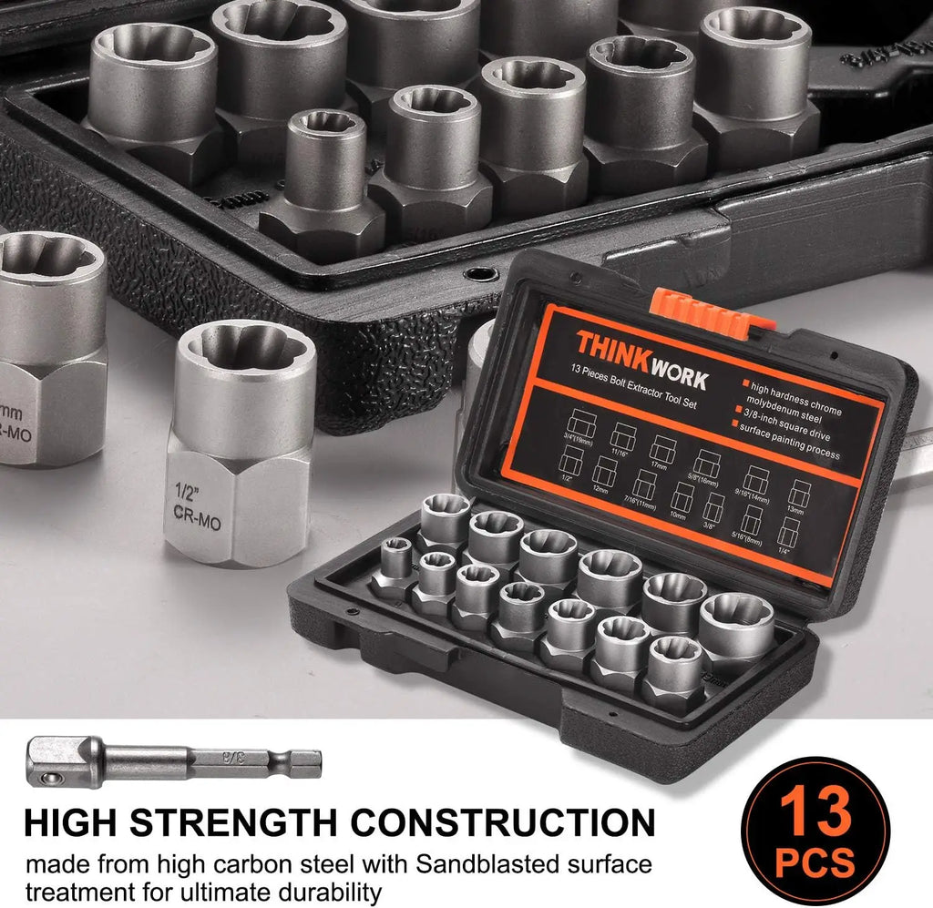 14Pcs Impact Bolt and Nut Extractor Tool Set Damaged Stripped Lug Remover Universal Socket Wrench Kit for Removing Rounded Frozen Fasteners Heavy Duty Hand Tools