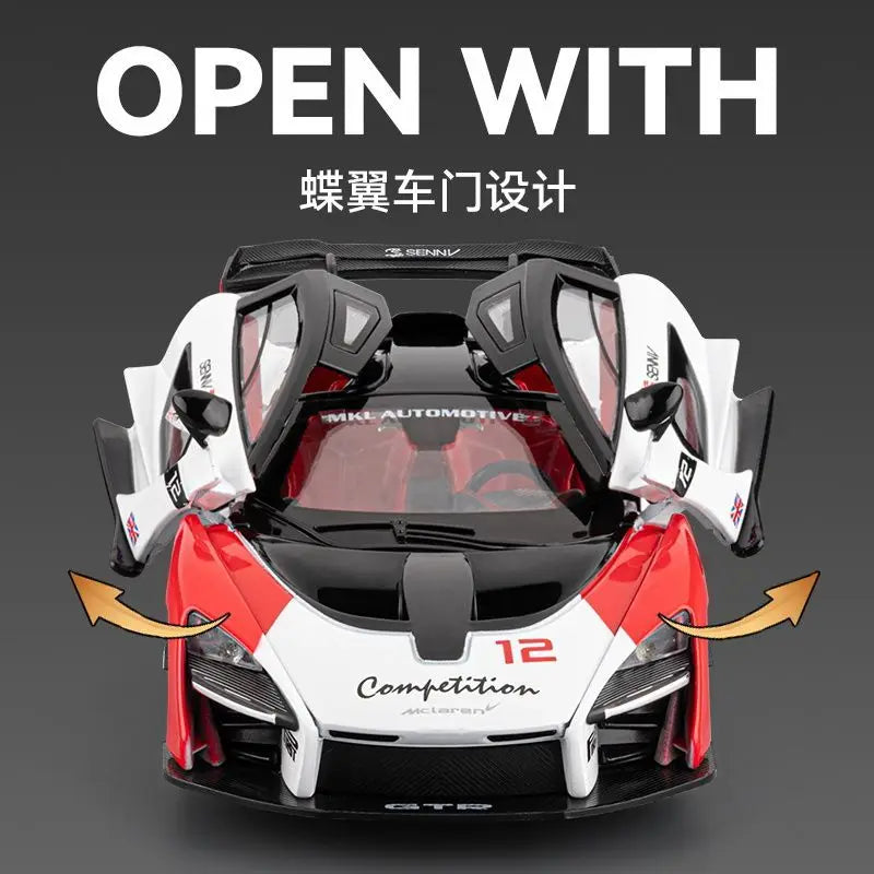 1:24 McLaren GTR Diecast Alloy Supercar Model 3 openable Parts Sound Light Pull Back for Car Collectors Hobby Display