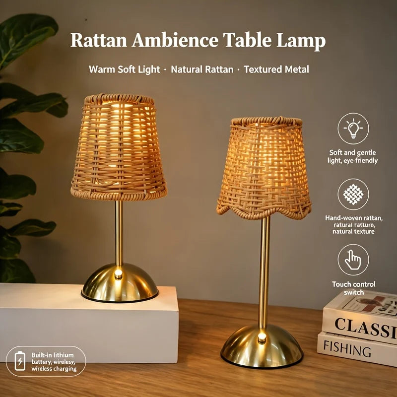Bohemian Woven Rattan Art Table Lamp, 3-Level Dimmable Design with Touch Control And USB Power Supply. Made of Metal Material, Suitable for Lighting in Bedroom, Living Room, Study And Dining Room. A Great Gift Choice for Family And Friends