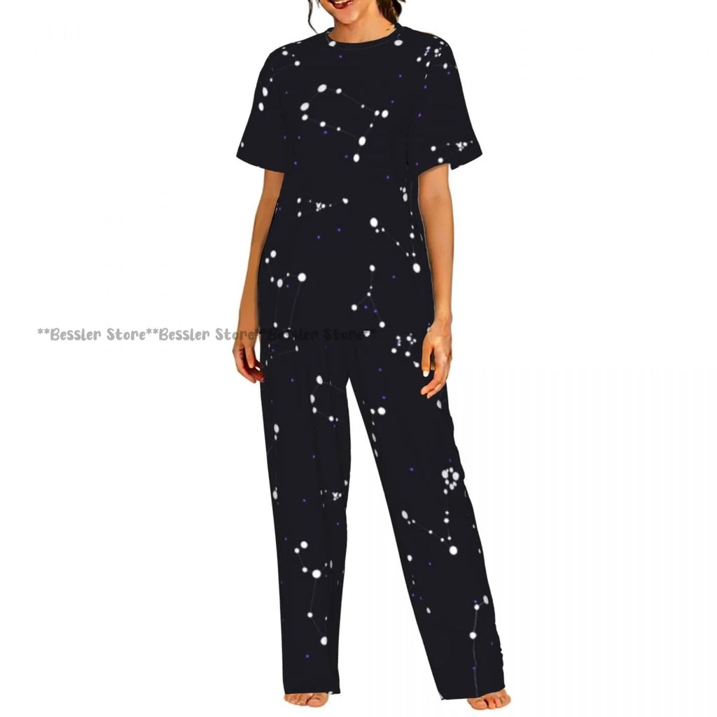 Women's Whales And Constellation Stars Watercolor short sleeve trousers casual pajamas set