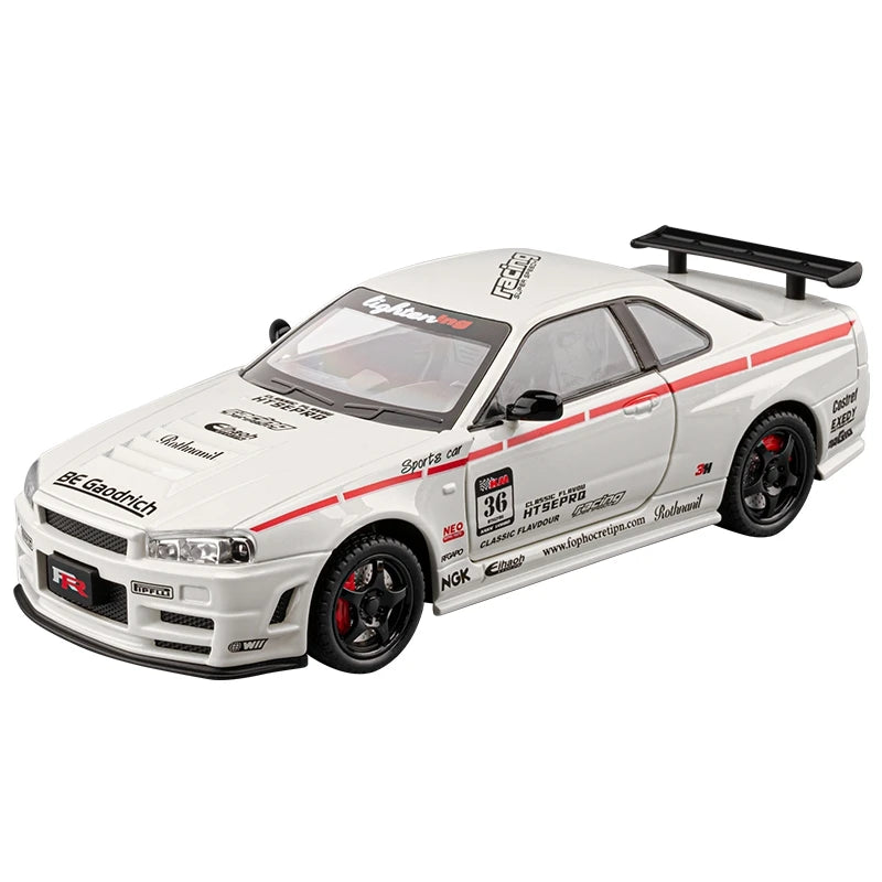 1:24 simulation Nissan GTR-R34 alloy car model doors and engine hood, trunk can be opened rich in details, finely crafted