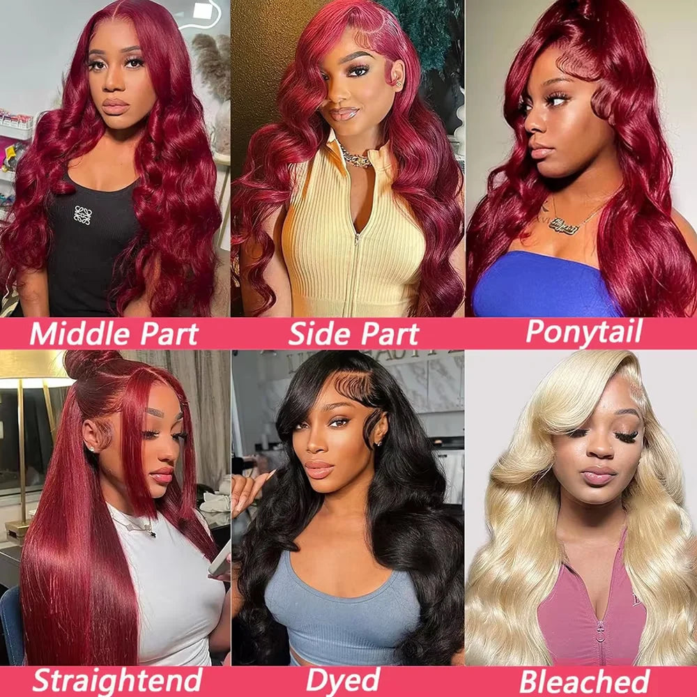 99J Burgundy Red 34 Inch Body Wave Lace Front Wigs 13x4 HD Transparent Human Hair Pre Plucked Dark Burgundy 99J Colored Wig 13x6 Lace  Wigs Pre-Plucked Body Wave Hairstyle For Women