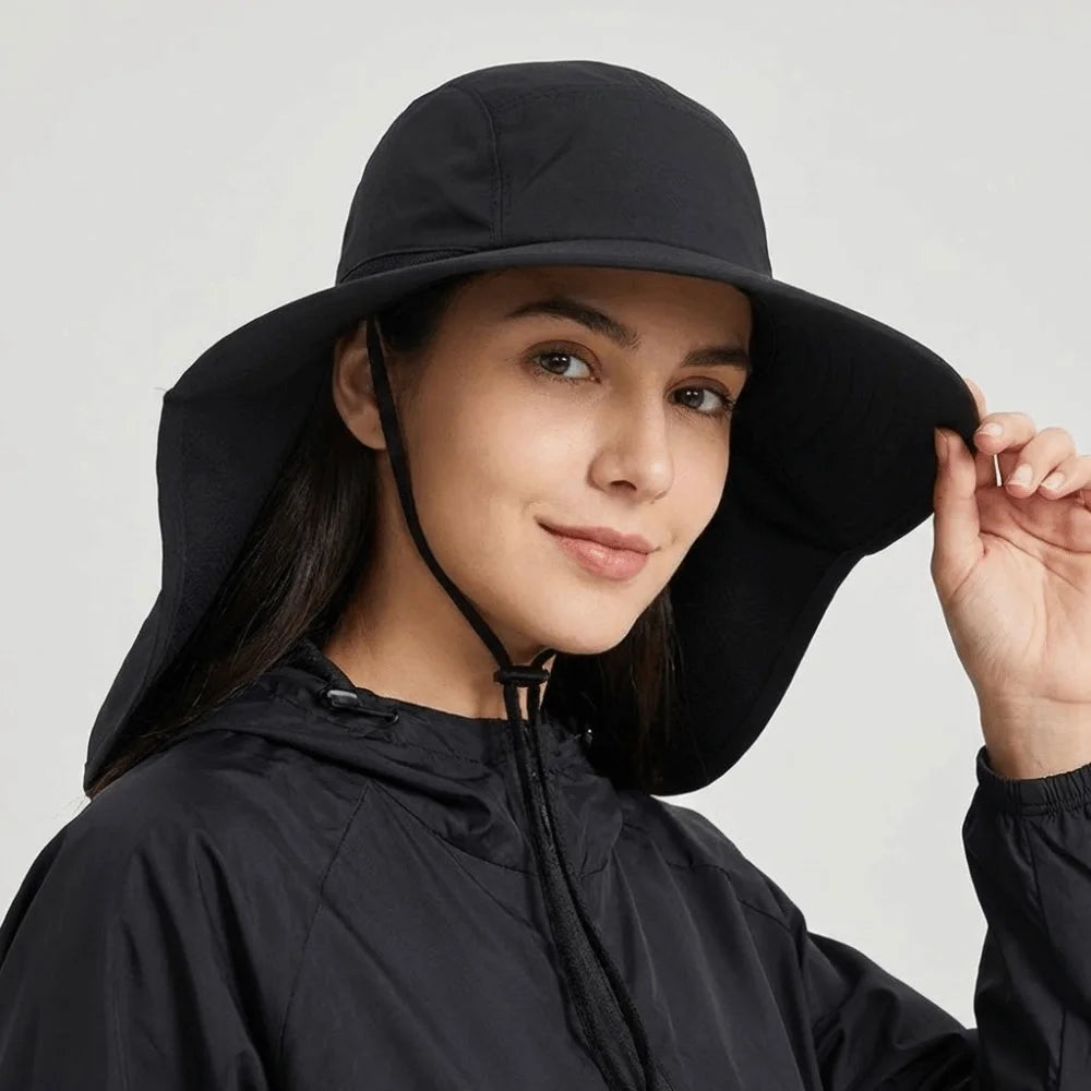 Fashion Wide Brim Outdoor Sun Hat Adjustable UV Protection Fisherman Cap with Neck Flap Quick-drying Bucket Cap Women
