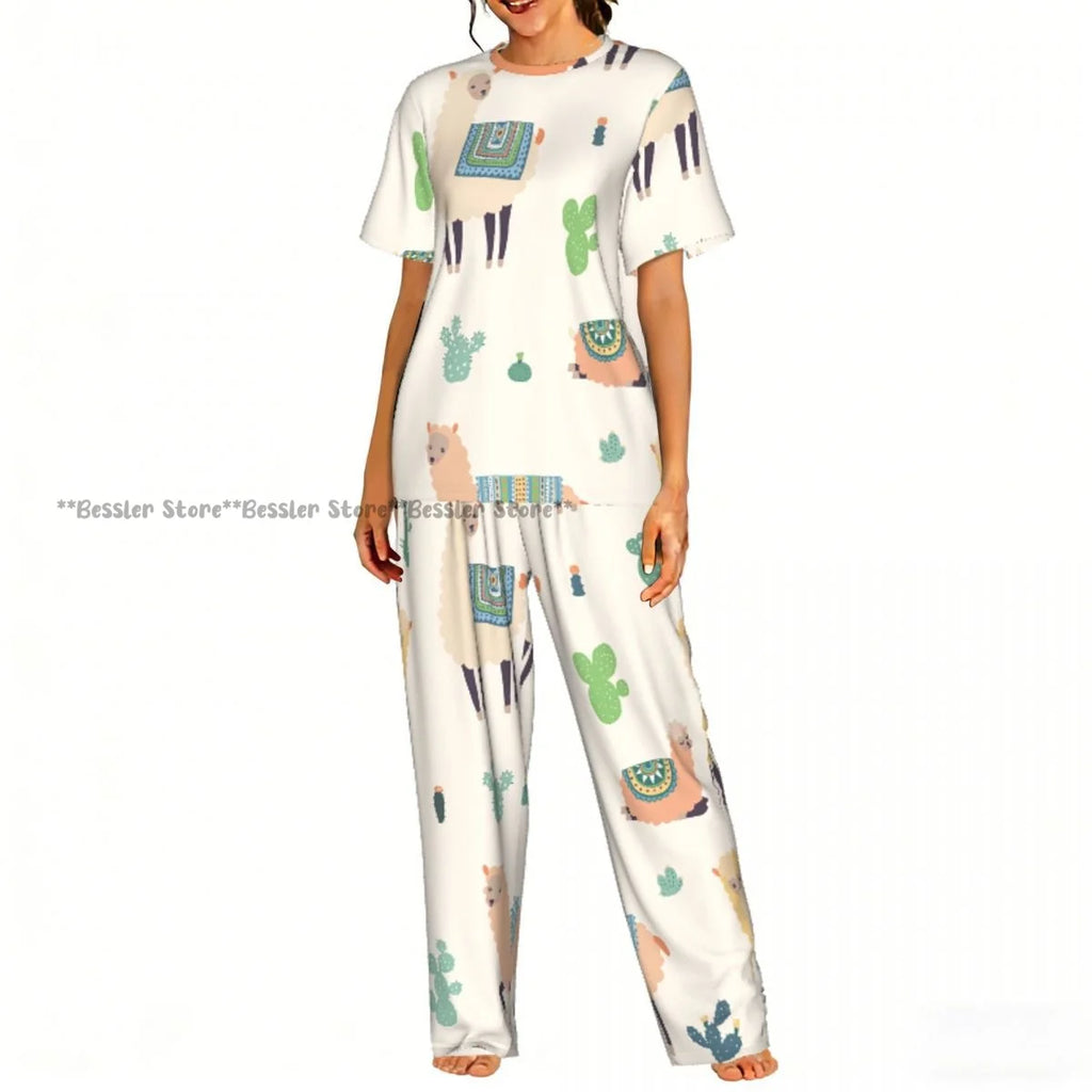 Women Pajama Sets Lounge Sleepwear Fun Llamas Cacti Mountains Garlands Short Sleeve Nightwear