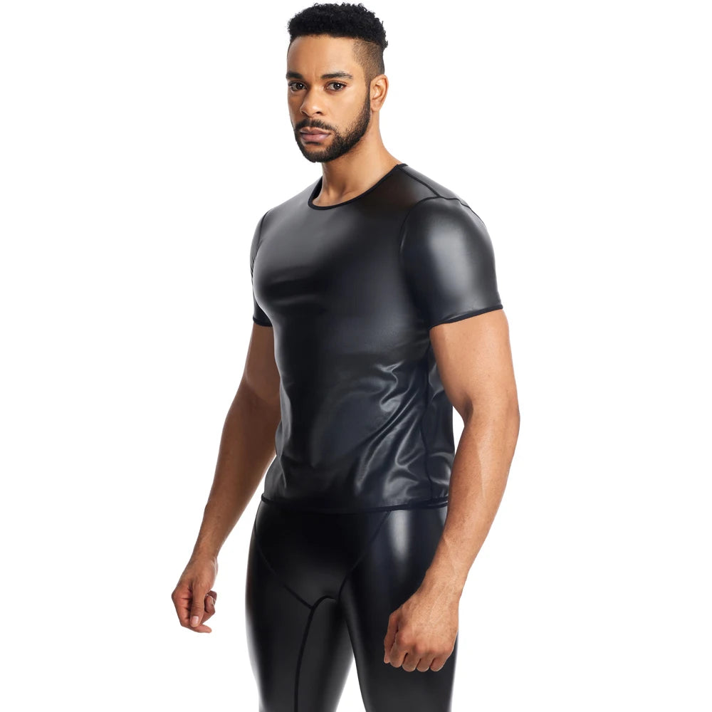 Leather Shirts for Young Men -High-end Short Sleeved Round neck Coat for Men- Motorcycle Style Shaper-Cool Male Trendy Shapewear