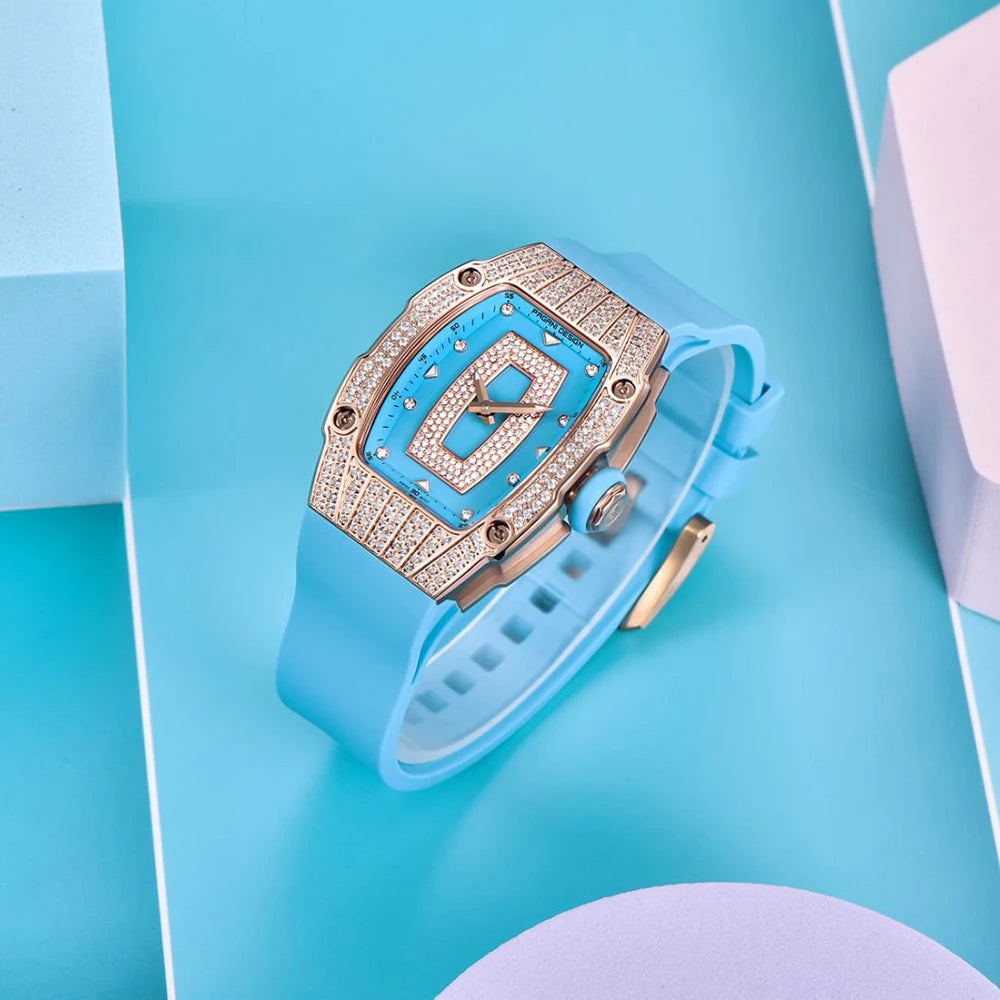 PAGANI DESIGN Top Luxury Diamond encrusted Women's Watch Fashion RubberWaterproof LuminousWine Bucket Case Women'sWatch+Gift Box