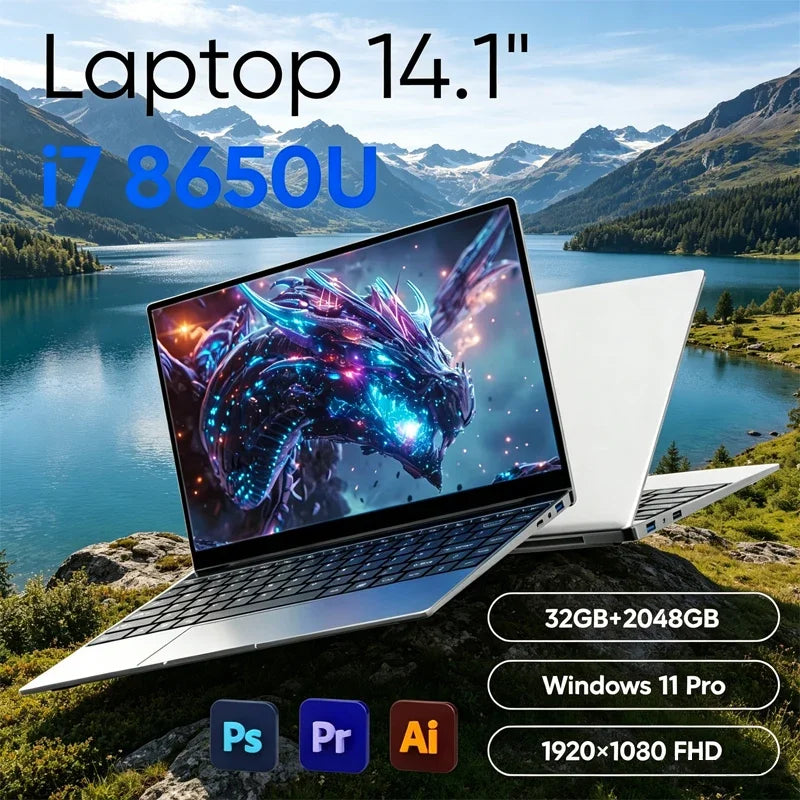 2026 New Ultra Slim Portable 14.1" Laptop Intel Core I7-8650U Windows 11 Pro 32GB RAM 2TB M.2 SSD Ideal for Office & Study