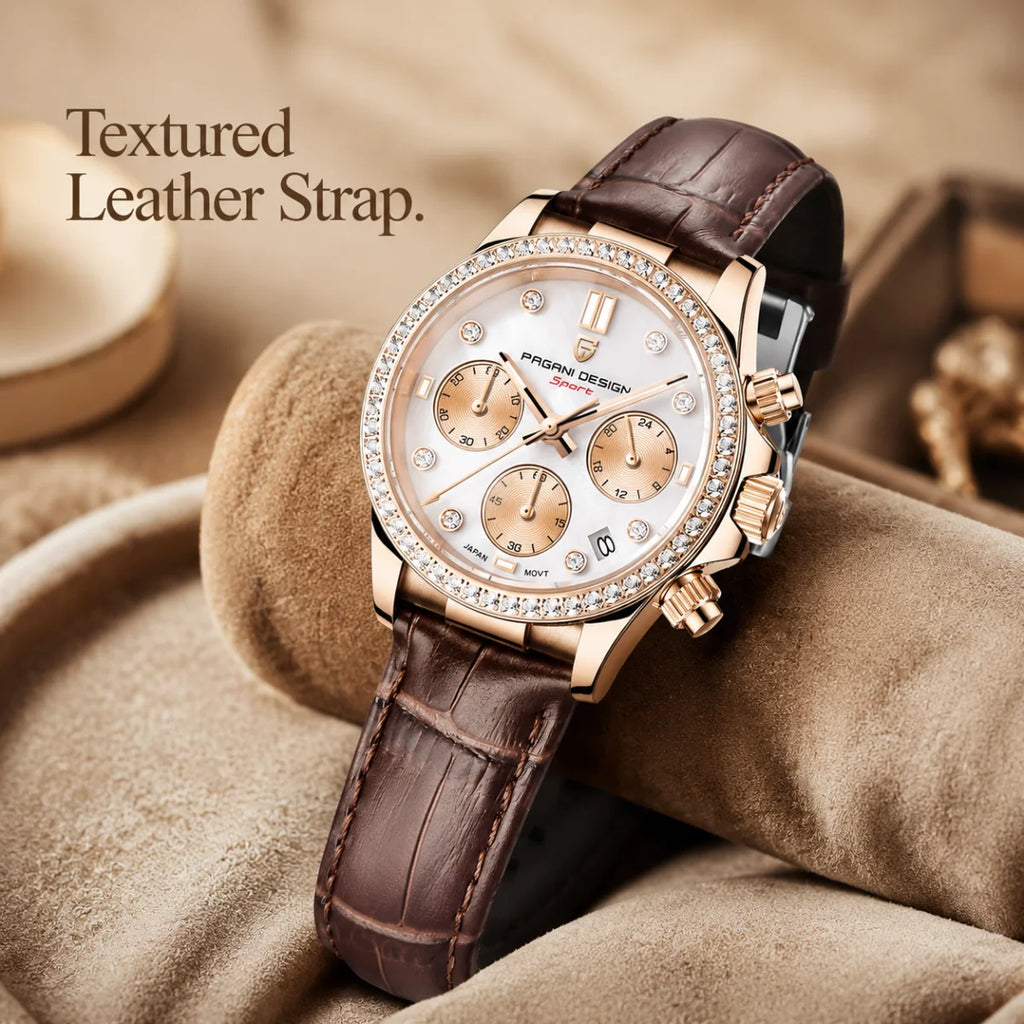 PAGANI DESIGN Women's Chronograph Quartz Watch Rose Gold Luxury Sapphire Stainless Steel Sport Elegant Women's Watch+Gift Box